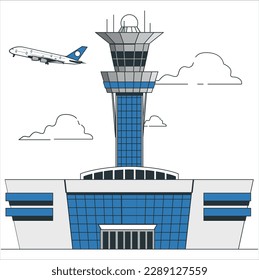 Airport tower. Plane After Takeoff. Airport Control Tower, Jetway, Terminal Building And Parking Area. International Airport Concept. Cityscape, Airplane In Sky With Clouds. Vector Illustration. 1302