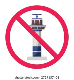 Símbolo proibido da torre do aeroporto, não entre no ícone da torre de controle, ícone de aviso restrito da torre de controle do aeroporto, ilustração vetorial
