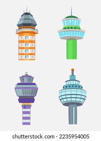 Airport towers vector illustrations set. Collection of drawings of air traffic control towers isolated on white background. Aviation, transportation, traveling concept