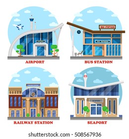 Airport and train station, seaport facade and bus station building. Tourism and railroad travel, flight structure icon and naval port architecture sign, road trip theme