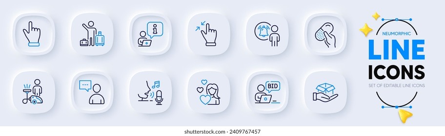 Airport transfer, Click hand and Online auction line icons for web app. Pack of Users chat, Hold box, Love pictogram icons. Interview, User notification, Microphone signs. Capsule pill. Vector