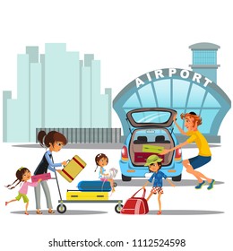 airport transfer, happy family mother with kids kepp his luggage for transportation, Womanan and her baggage came by car and ready to flight, auto transfer to air port building vector illustration