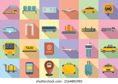 Airport transfer icons set flat vector. Flight lost. Time baggage