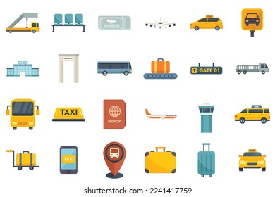 Airport transfer icons set flat vector. Flight lost. Time baggage isolated