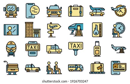 Airport transfer icons set. Outline set of airport transfer vector icons thin line color flat on white