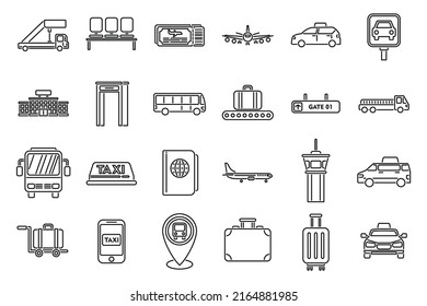 Airport transfer icons set outline vector. Flight lost. Time baggage