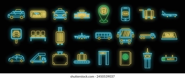 Airport transfer icons set outline vector. Flight lost. Time baggage neon color on black