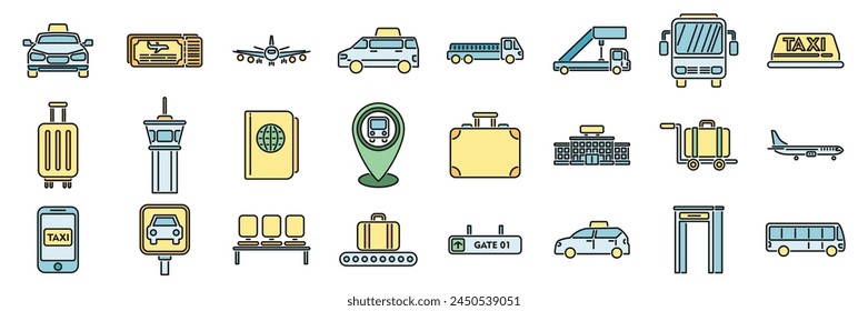 Airport transfer icons set outline vector. Flight lost. Time baggage thin line color flat on white