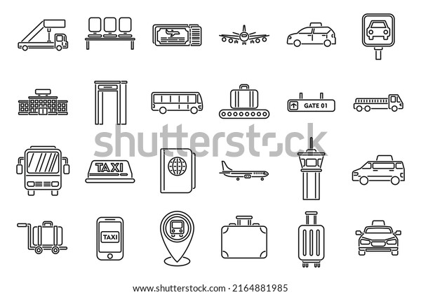 Airport transfer icons set outline vector. Flight\
lost. Time baggage