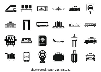 Airport transfer icons set simple vector. Flight lost. Time baggage