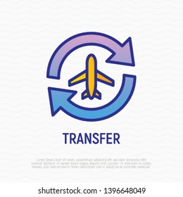 Airport transfer: plane in arrows thin line icon. Modern vector illustration for taxi mobile service.