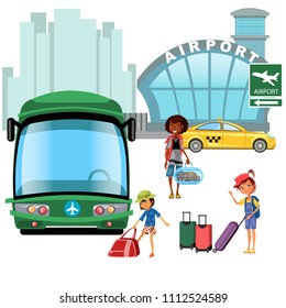 airport transfer, public transport like car and bus, happy family mother with kids kepp his luggage for transportation, taxi waiting for passengers ready to airplane flight vector illustration