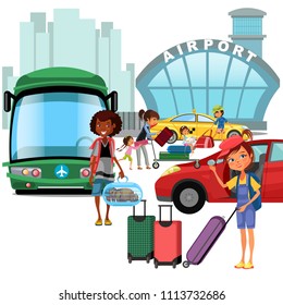 airport transfer, public transport like car and bus, happy family mother with kids and luggage for transportation, taxi waiting for passengers vector illustration
