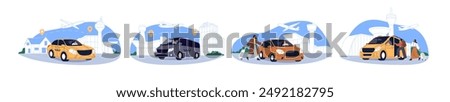 Airport transfer service set. Car and van taxi, transport meeting tourists at terminal after airplane arrival. Drivers picking up arriving people. Flat vector illustration isolated on white background