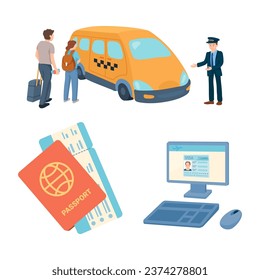 Vektorsymbol des Flughafentransfers. Reisepass und Ticket, Computer mit Visapflicht auf Bildschirm, Taxifahrer und Flugpassagiere Illustrationen im Cartoon-Stil. Reisekonzept, Tourismuskonzept