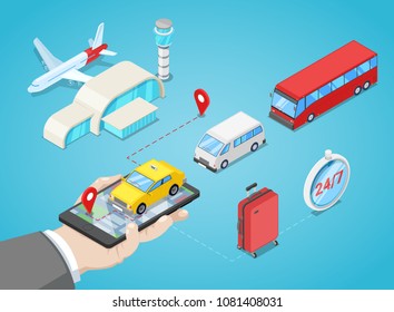 Airport transfer, vector isometric 3D illustration. Call taxi or buy shuttle bus ticket online. Internet travel service and app design elements.