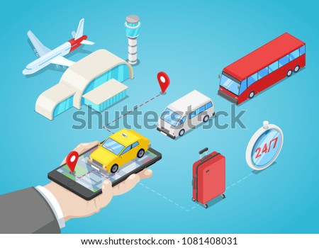 Airport transfer, vector isometric 3D illustration. Call taxi or buy shuttle bus ticket online. Internet travel service and app design elements.