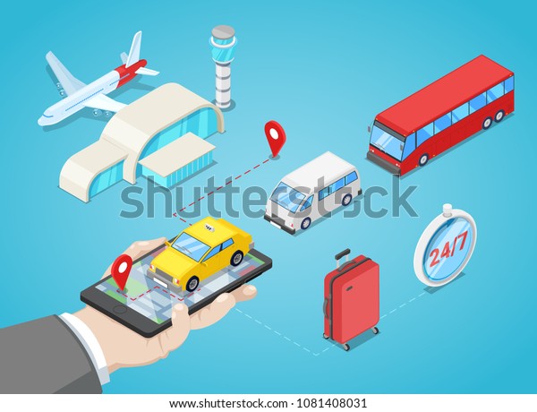 Airport transfer, vector isometric 3D\
illustration. Call taxi or buy shuttle bus ticket online. Internet\
travel service and app design\
elements.