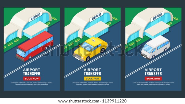 Airport\
transfer, vector isometric 3D illustration. Banner, poster, flyer\
layout. Taxi or shuttle bus travel\
service.
