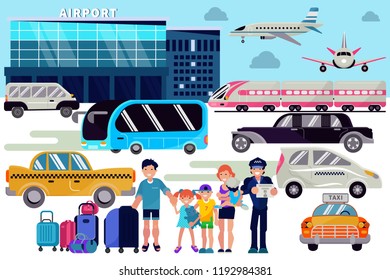 Airport transfer vector traveling people characters family with luggage in airports plane departure terminal transportation by taxi car illustration set of passengers transport bus on background