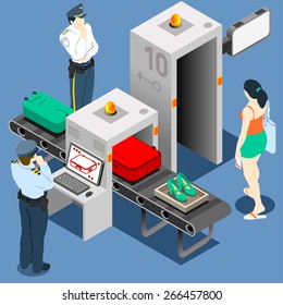 Airport transport security scan tape portal flat 3d isometry isometric concept web infographics vector illustration. Woman walk portal officer computer monitoring luggage. Creative people collection.