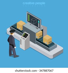 Airport Transport Security X-ray Scan Tape Flat 3d Isometry Isometric Concept Web Infographics Vector Illustration. Officer Computer Monitoring Baggage. Creative People Collection.