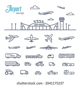 Airport transport set. Various types of cars and vehicles for Airport ground support service. Outline style vector illustration on white background