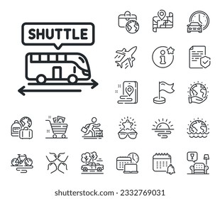 Airport transport sign. Plane jet, travel map and baggage claim outline icons. Shuttle bus line icon. Transfer service symbol. Shuttle bus line sign. Car rental, taxi transport icon. Vector