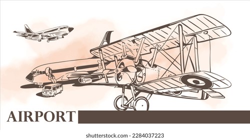 airport transportation airline of hand drawn ink sketch for art poster print, postcard, name card, advertising banner.