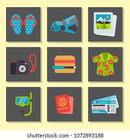 Airport travel icons flat tourism suitcase passport luggage plane transportation vector illustration.