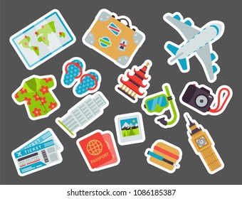 Airport travel icons flat tourism suitcase passport luggage plane transportation vector illustration.