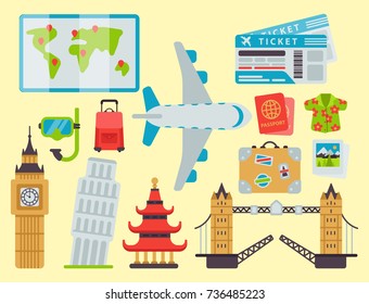 Airport travel icons flat tourism suitcase passport luggage plane transportation vector illustration.