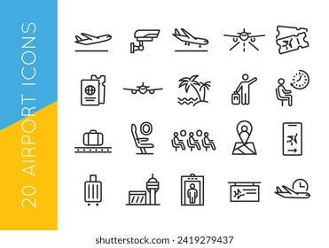 Airport and Travel icons set. Aviation icons for mobile, web and marketing materials, flyers. Vector illustration