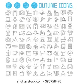 airport and travel icons set, outline theme vector icons