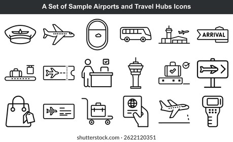 Airport and travel icons set in outlined style