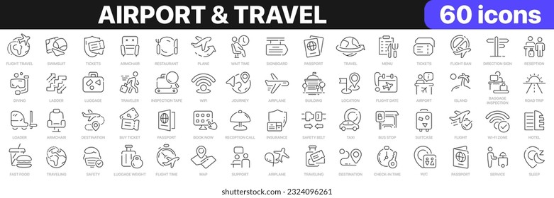 Airport and travel line icons collection. Flight, vacation, ticket icons. UI icon set. Thin outline icons pack. Vector illustration EPS10