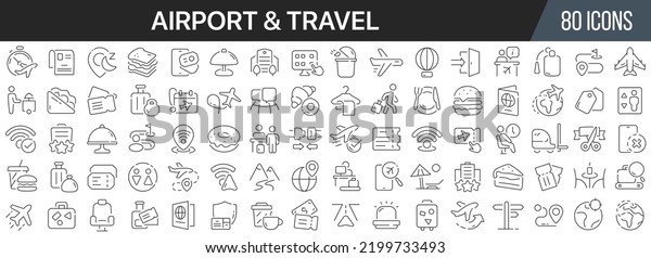 Airport and travel line icons collection. Big UI\
icon set in a flat design. Thin outline icons pack. Vector\
illustration EPS10