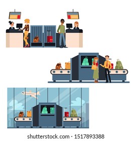 Airport Travel Luggage Security Check Set - Check In Desk And Suitcase Bag X Ray Machine Conveyor Belt. People Going Through Safety Procedures - Isolated Flat Vector Illustration