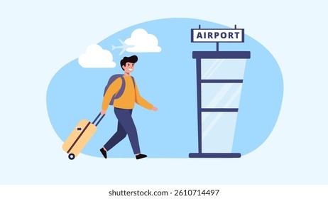Airport Travel Man Walking Towards Airport Terminal with Luggage