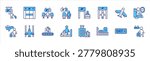 Airport Travel Process Icon Set Featuring Passenger Walking to Gate Waiting Area Boarding Gate Boarding Pass Scan Airplane Landing Baggage Claim and Exit Route
