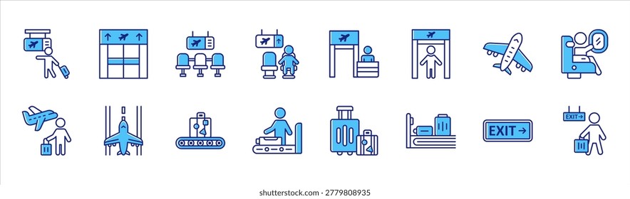 Airport Travel Process Icon Set Featuring Passenger Walking to Gate Waiting Area Boarding Gate Boarding Pass Scan Airplane Landing Baggage Claim and Exit Route