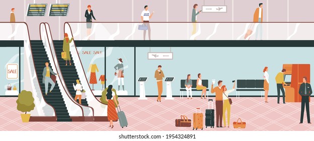 Airport travel, terminal airplane departure, passenger travel, runway transport background, design, flat style vector illustration