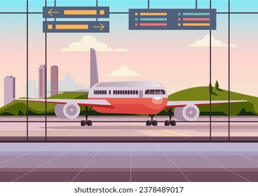 Airport travel terminal interior airplane board departure window concept. Vector flat graphic design illustration