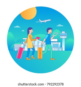 airport travel vector, terminal, flat graphic, transport, people vacation, airplane, business, journey