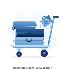 Airport trolley with suitcases and bag. Baggage on airport cart. Luggage trolley isolated on white background. Design in trendy blue colors. Flat vector illustration