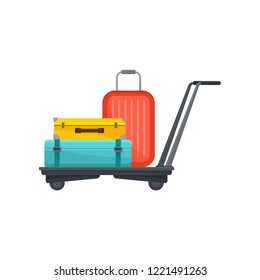 Airport trolley with suitcases. Travel bags of tourists. Luggage of passengers. Baggage theme. Flat vector design
