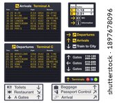 Airport vector board for announcing flight. Departure boards with signs for information and baggage, parking and cafe, first aid symbols. Timetable for air journey or boarding schedule. Terminal