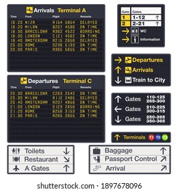 Airport vector board for announcing flight. Departure boards with signs for information and baggage, parking and cafe, first aid symbols. Timetable for air journey or boarding schedule. Terminal