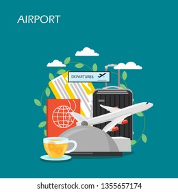 Airport vector flat illustration. Plane, tickets, passport, luggage, cup of tea, food tray with dome lid. Airport services and facilities concept for web banner, website page etc.
