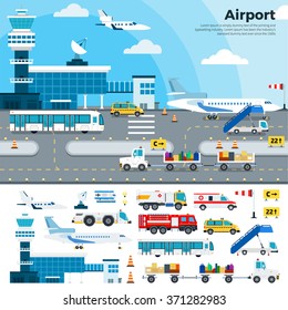 Airport vector flat illustrations. Modern airport exterior with different cargoes. Working day on the airfield. Airplanes, different planes, cars, buildings, tickets, luggage isolated on white 